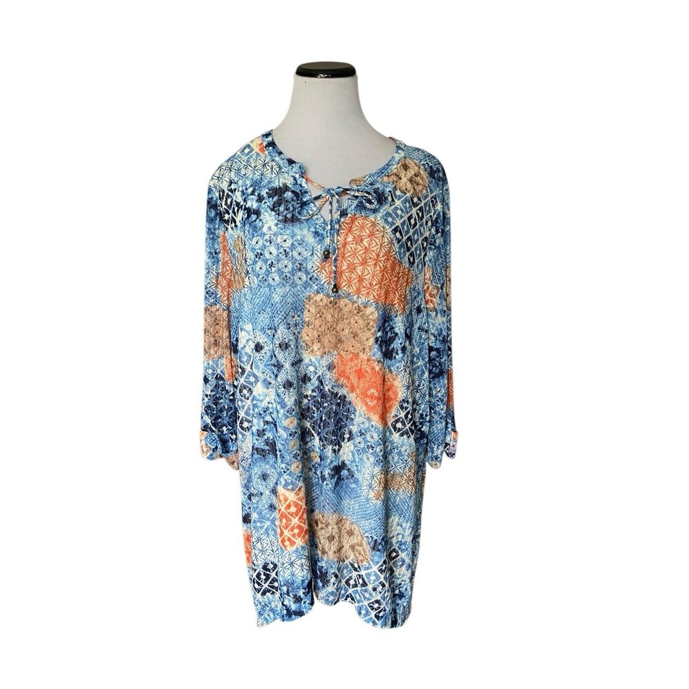 Catherines Womens Tunic Top Size 2XL‎ Multi Tile Patchwork Shark Bite Hem Lined